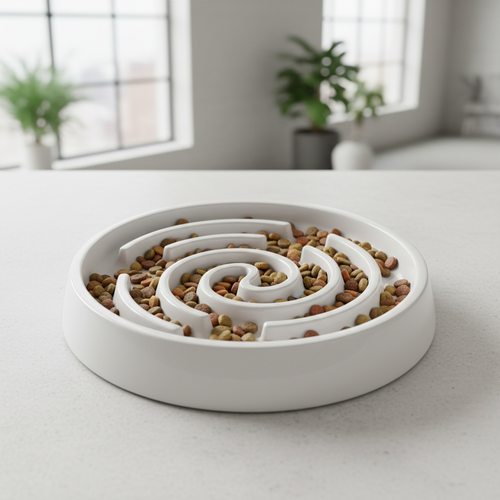 Slow feeder dog bowl with raised maze pattern filled with dry kibble