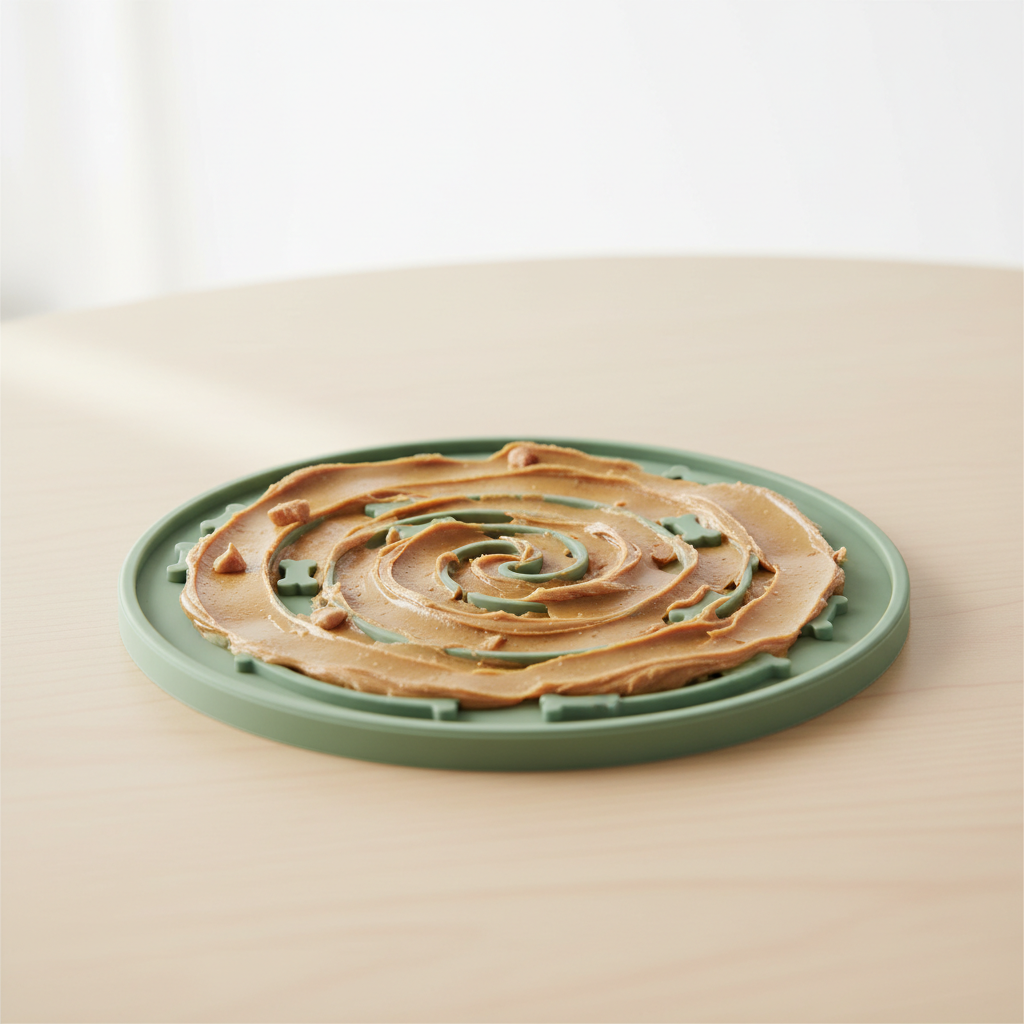 Silicone lick mat for dogs with peanut butter spread on textured surface